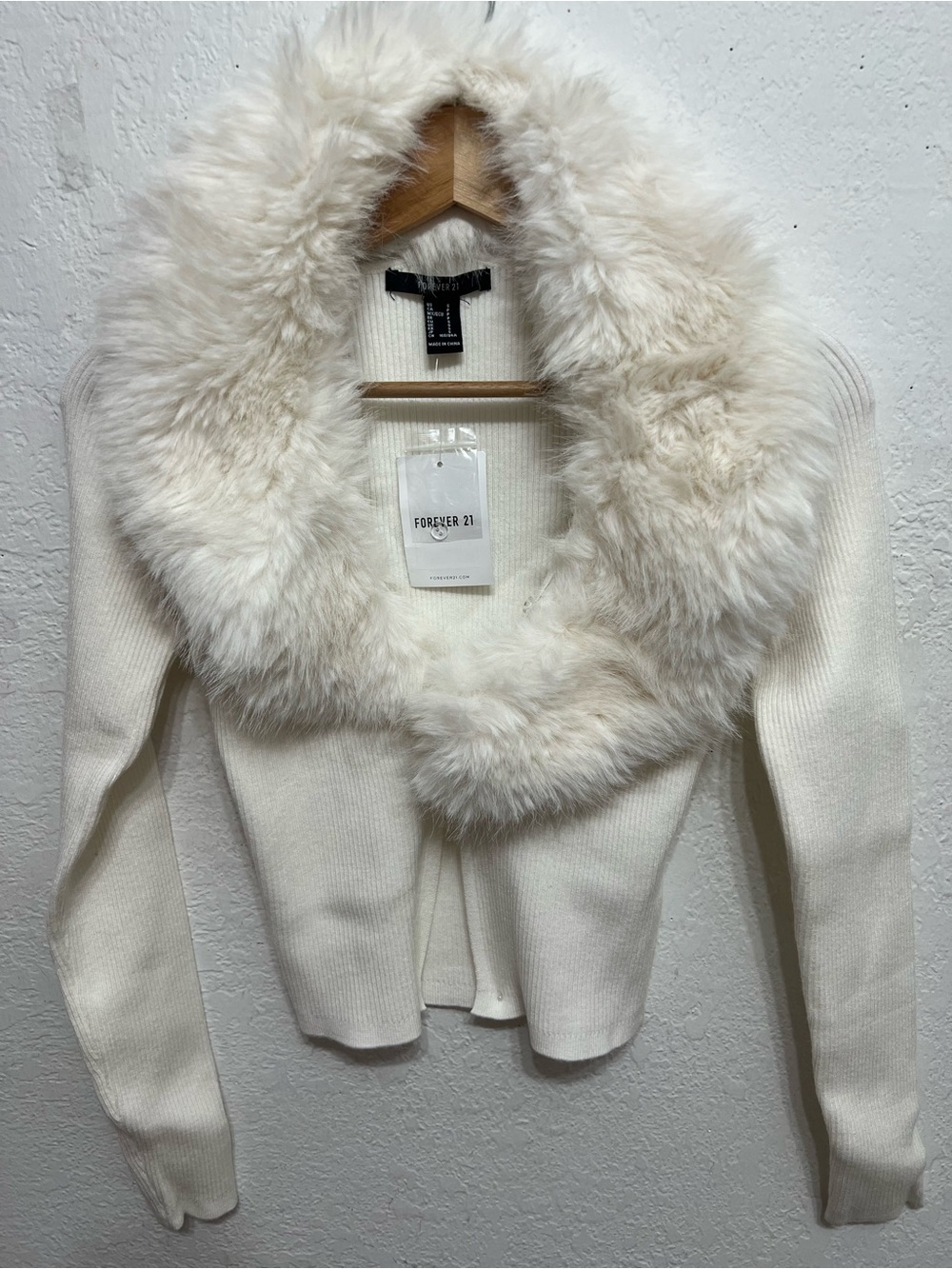 Forever 21 Ivory Faux-Fur Collar Knit Cardigan